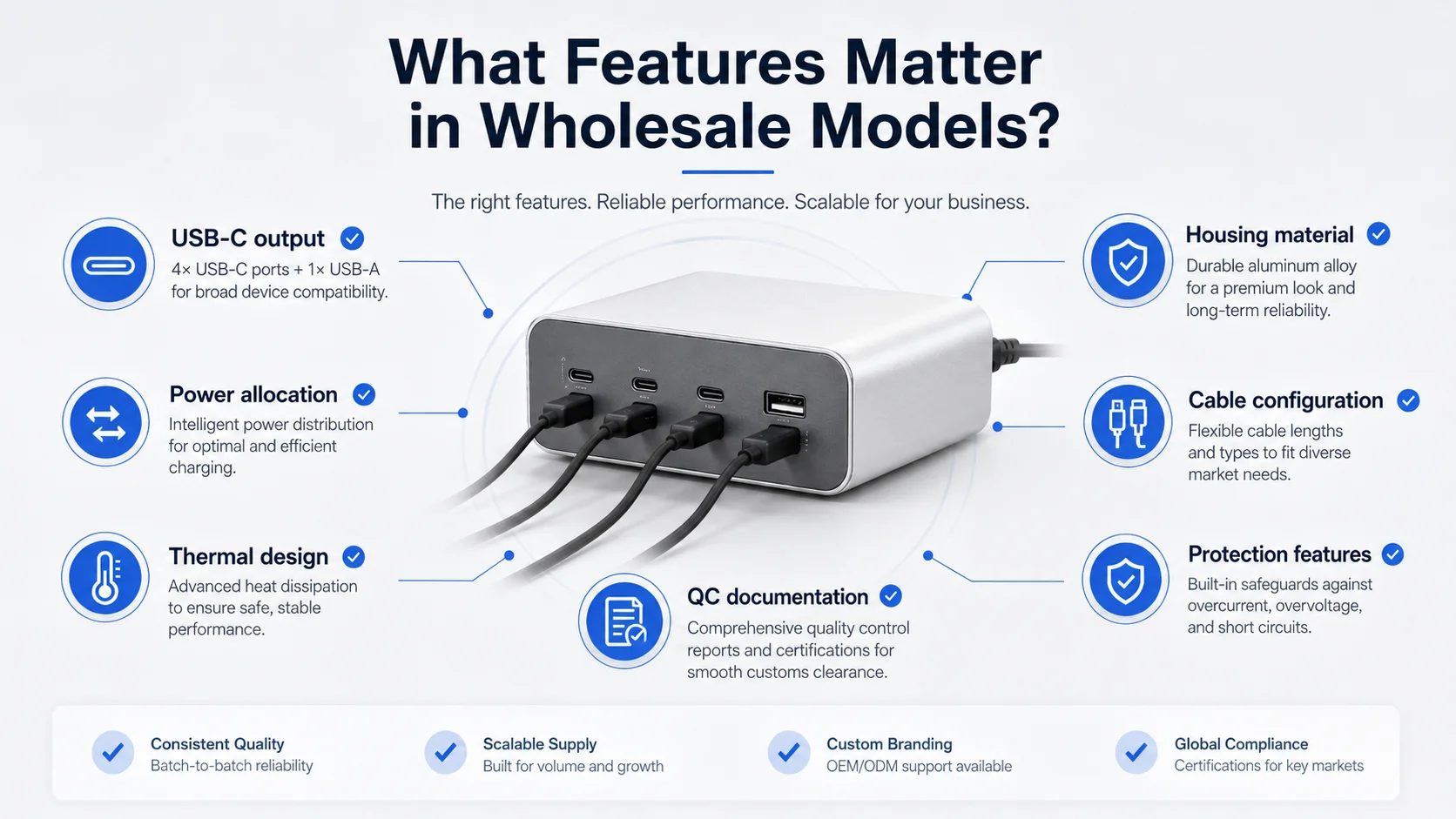 wholesale desktop GaN charger features including USB-C PD ports and LCD display