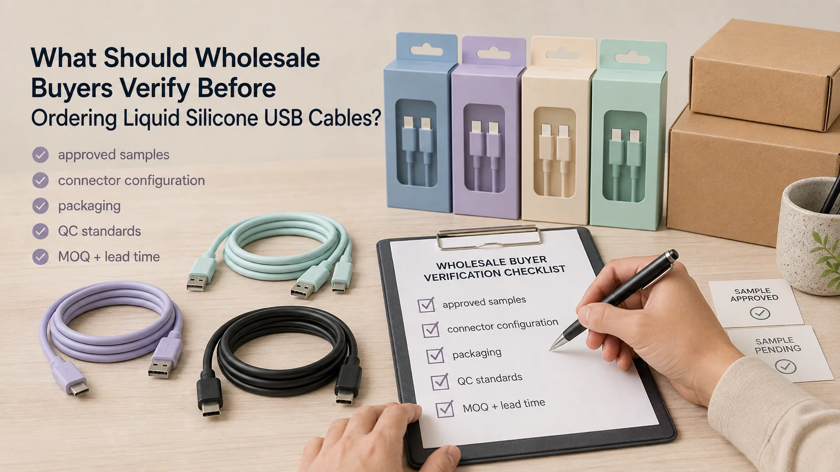 Liquid Silicone USB Cables Wholesale Quality Control Wholesale buyer checking liquid silicone USB cables for quality control and packaging