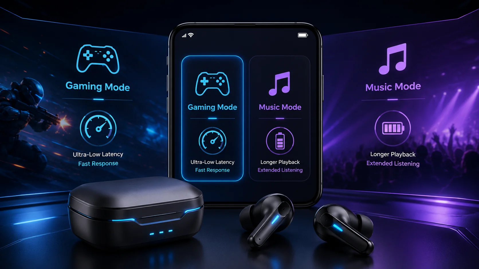 Gaming Mode vs Music Mode Low-latency TWS gaming earbuds switching between gaming mode and music mode