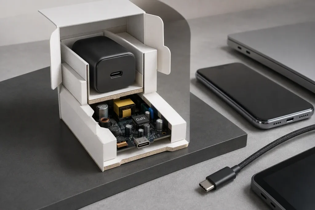 electronics (from section: Low-material USB-C packaging is not a “use the thinnest possible pack” exercise) — Low-materi