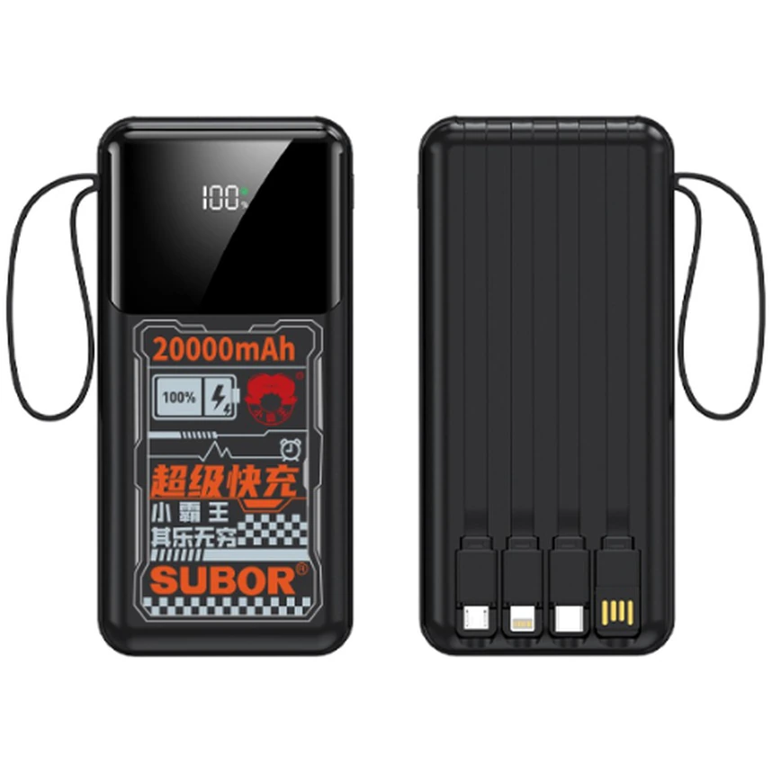 KingFuji 10,000mAh compact power bank with built-in cables and digital display