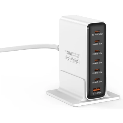 Cargador de escritorio KingFuji 140W GaN con seis USB-C y un USB-A