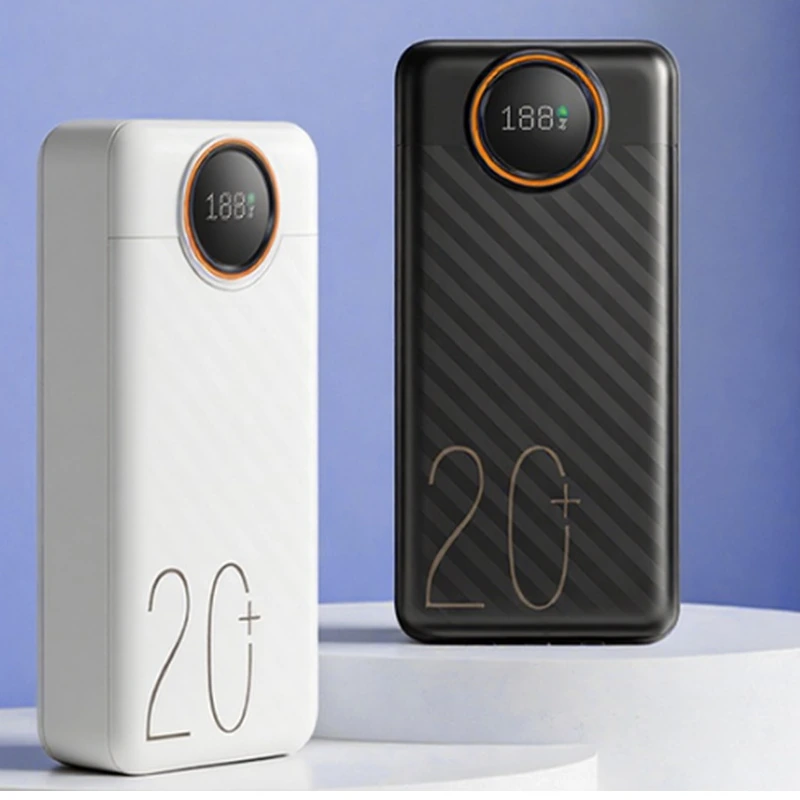 KingFuji 20,000mAh power bank with built-in cables, digital display and integrated stand
