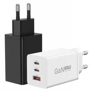Cargador mural KingFuji 65W GaN con dos puertos USB-C y un puerto USB-A, enchufe UE
