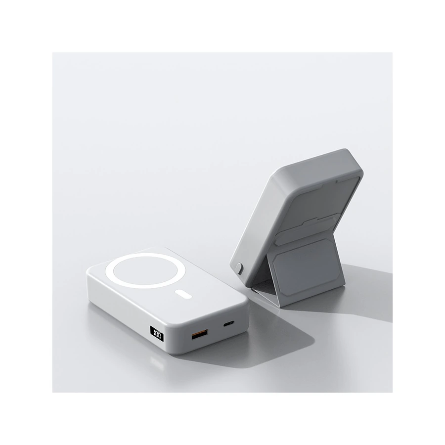 KingFuji A27-2 wireless-charging power bank on a folding stand