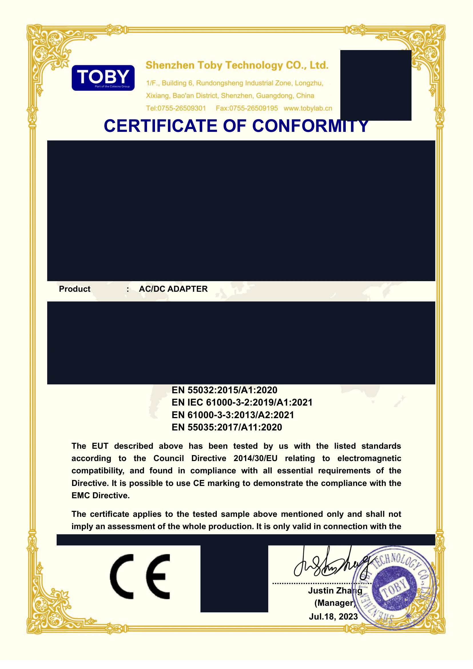 Redacted CE EMC compliance document for partner-manufactured chargers showing EN 55032