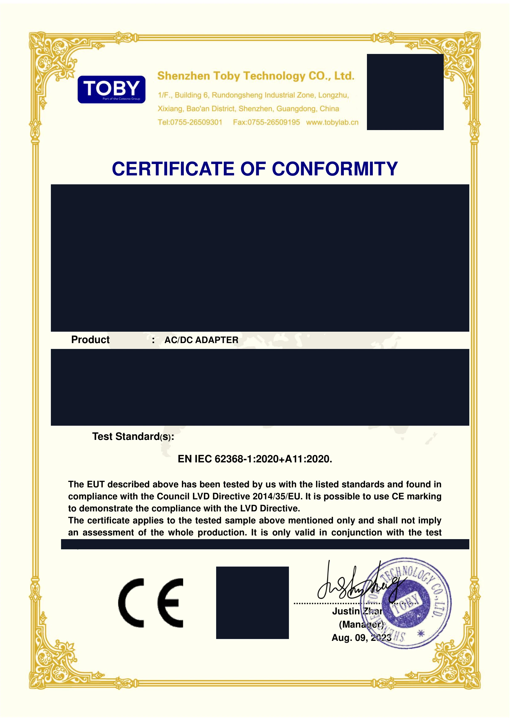 Redacted CE LVD compliance document showing EN IEC 62368-1