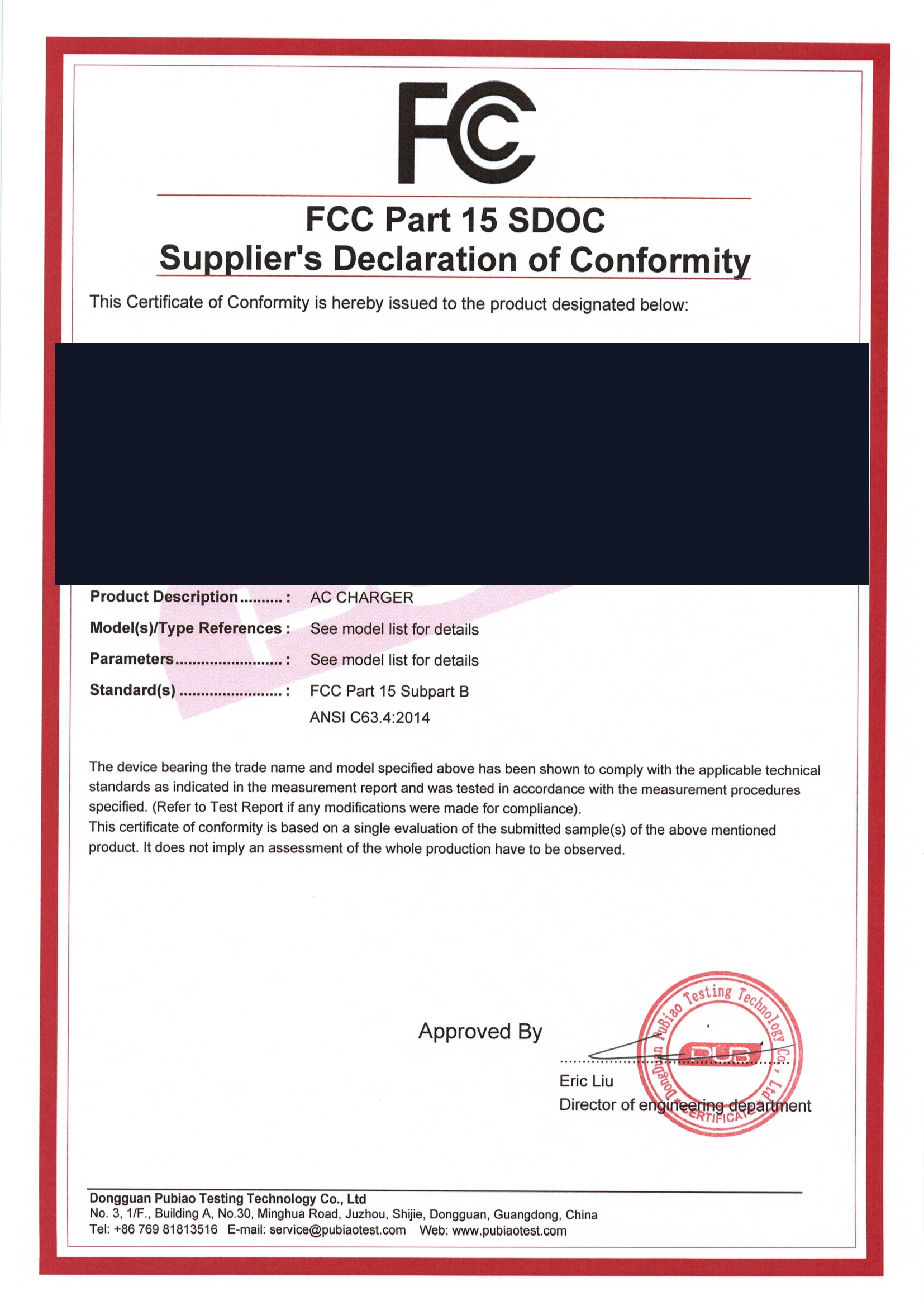 Redacted FCC Part 15 declaration of conformity for partner-manufactured chargers