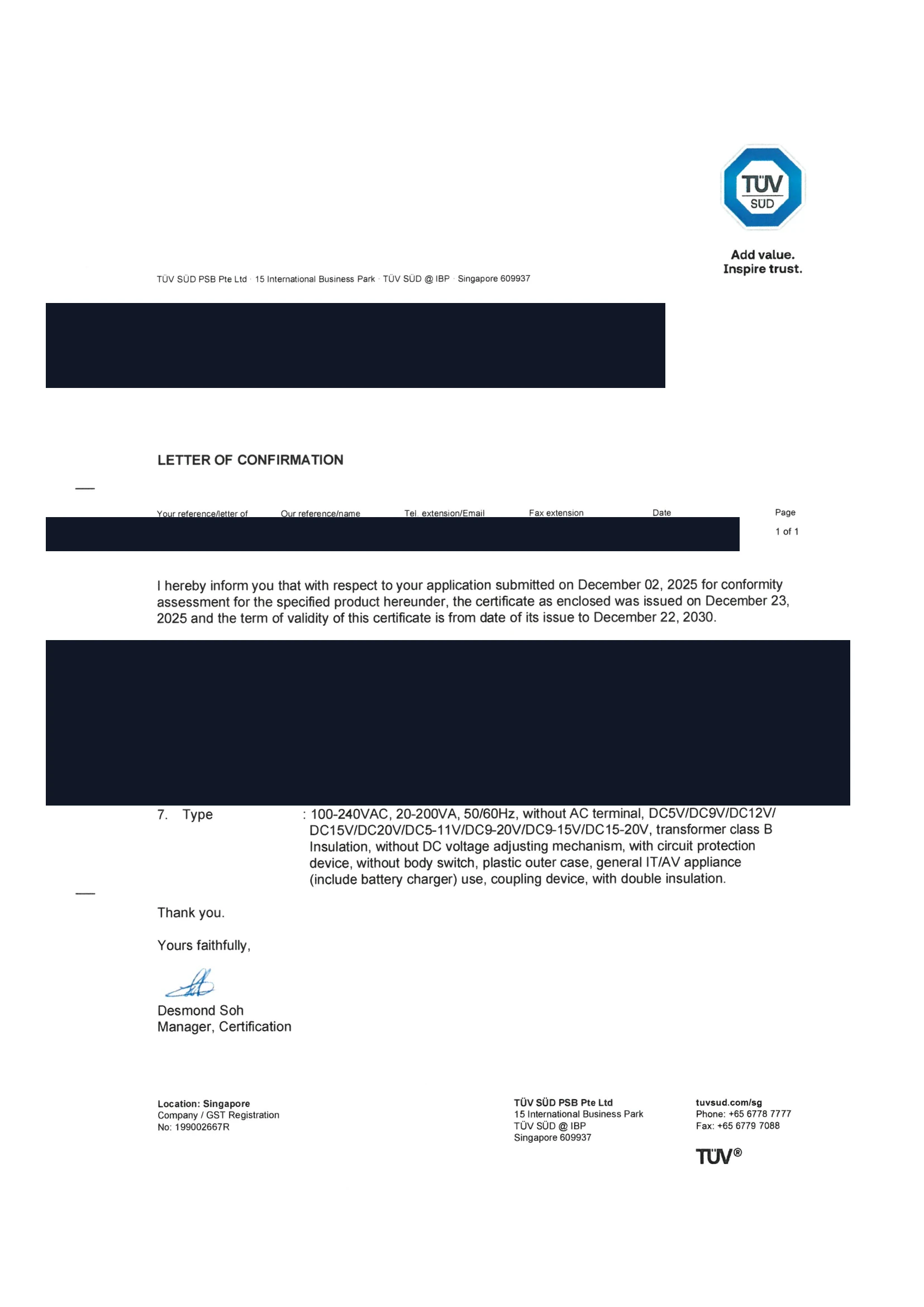 Redacted PSE Japan letter of confirmation for partner-manufactured DC power supply units
