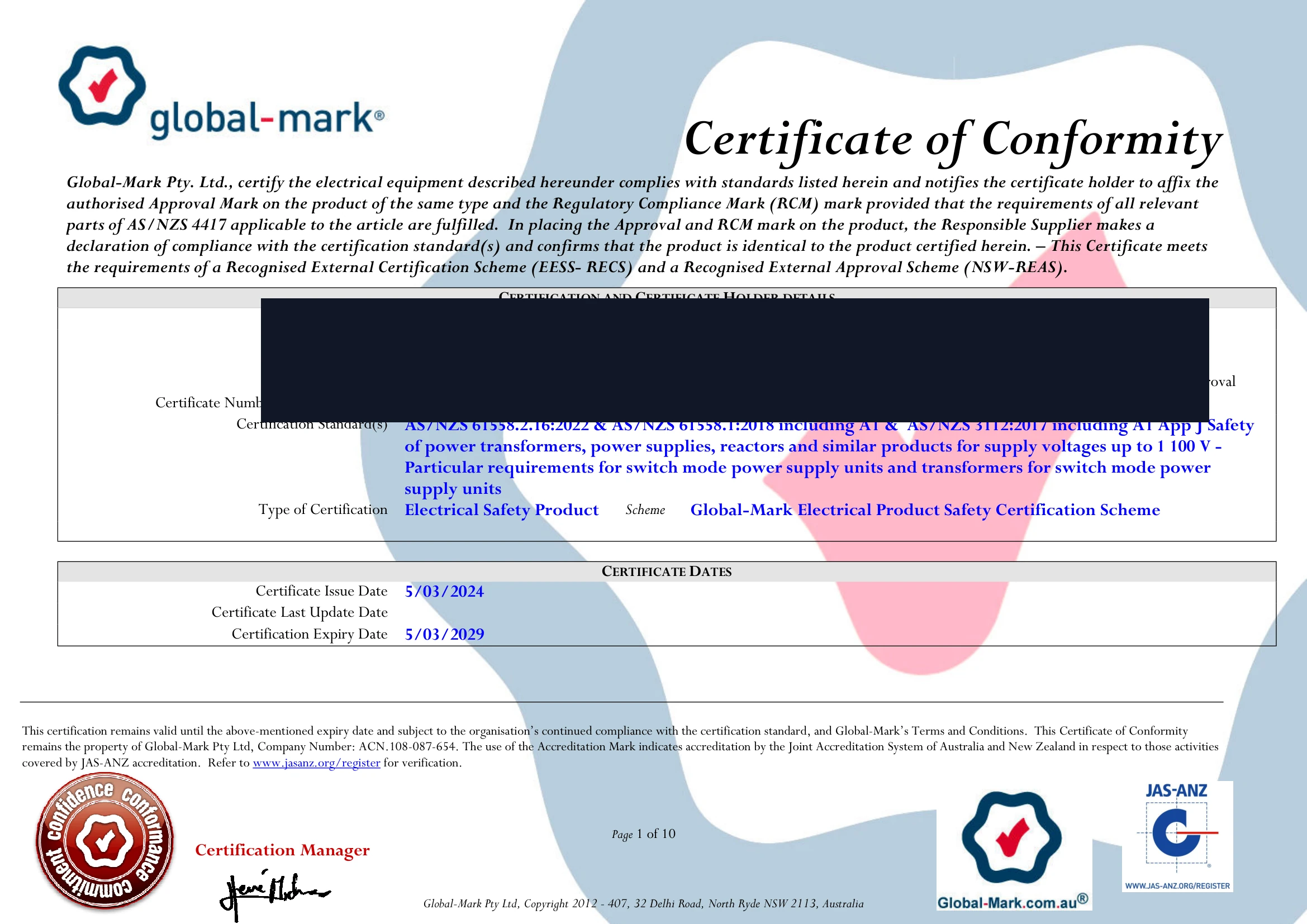 Redacted Australia RCM electrical safety certificate showing AS/NZS 61558 standard references
