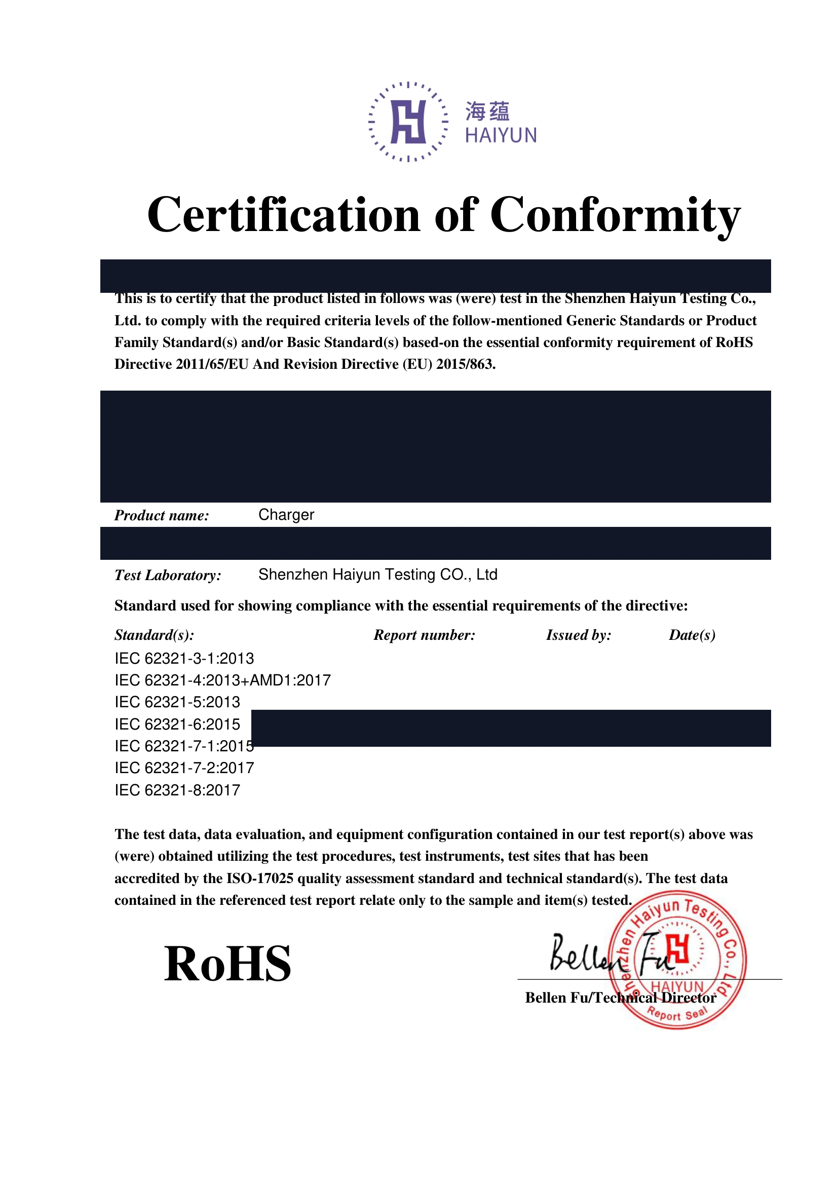 Redacted RoHS conformity document listing IEC 62321 test standards