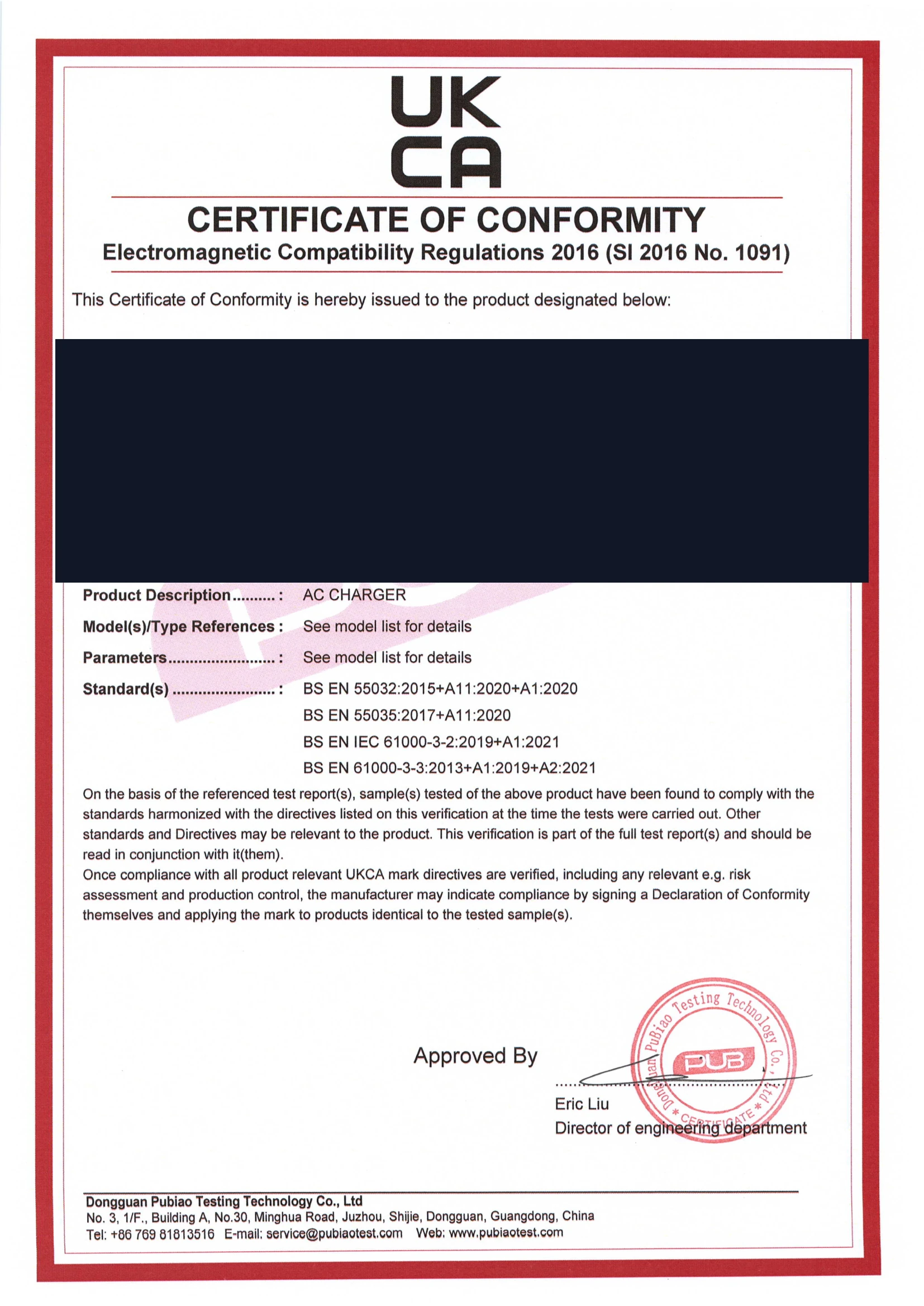 Redacted UKCA conformity document for partner-manufactured chargers showing BS EN 55032 and BS EN 55035