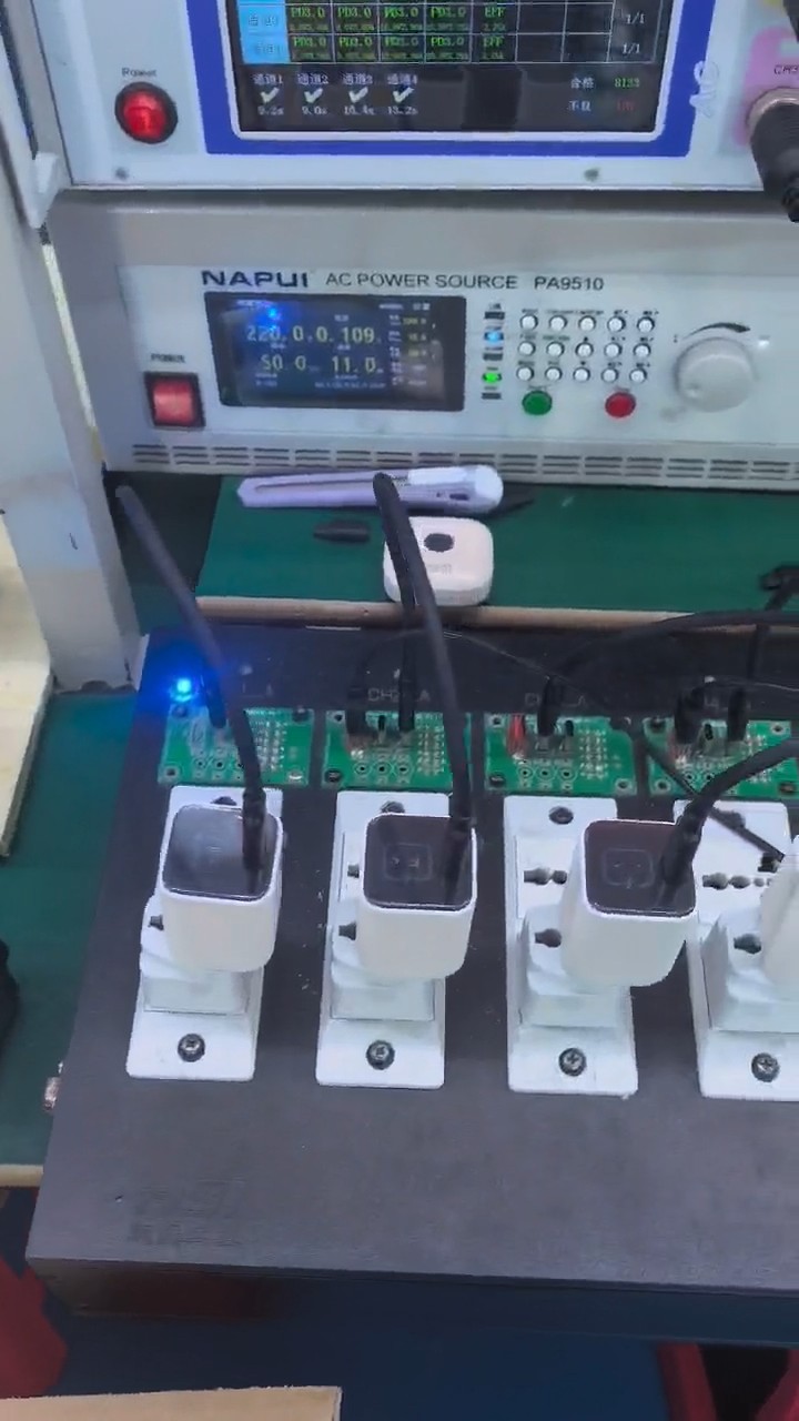 Finished chargers connected to test instruments during final inspection and packing