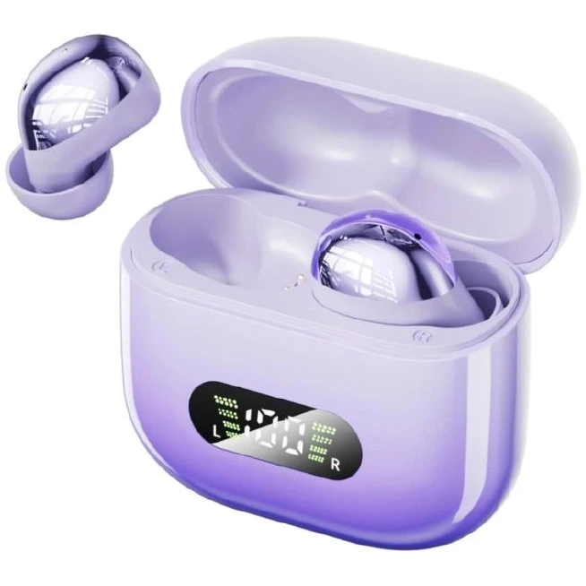 Auriculares TWS Bluetooth KingFuji M184 en una caja de carga púrpura con pantalla digital de carga