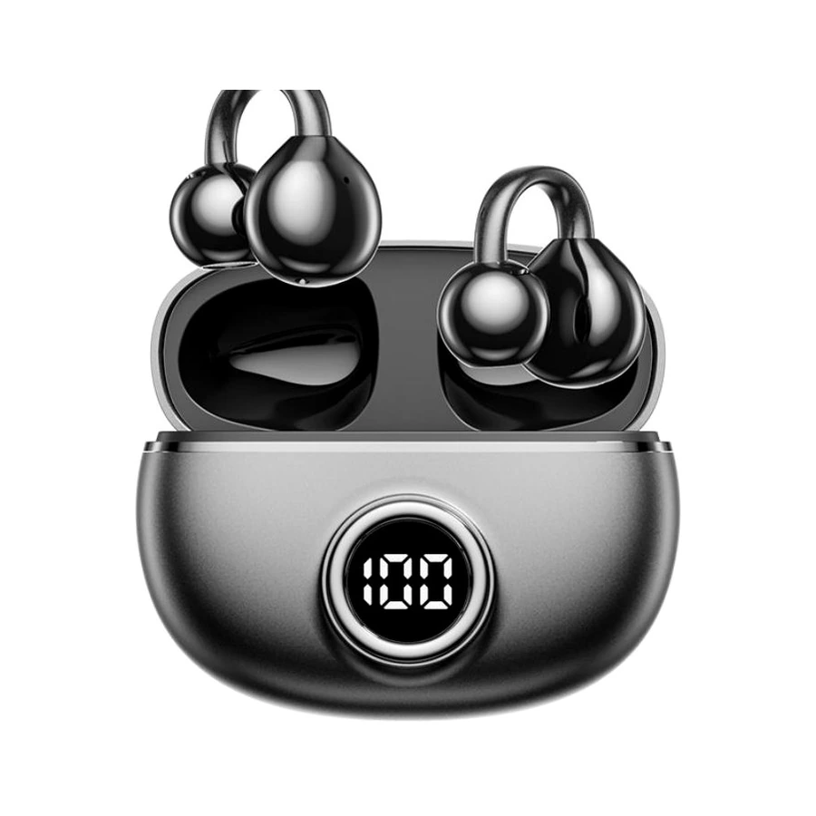 KingFuji M97 clip-on Bluetooth earbuds with a black display case