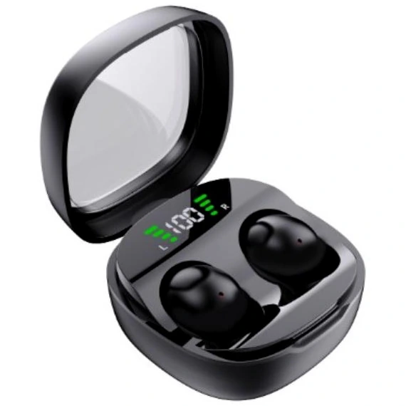 Auriculares TWS KingFuji mini13 miniatura en una caja negra compacta con pantalla de batería