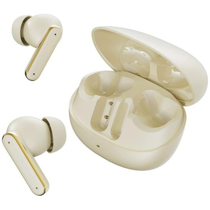 Auriculares TWS Bluetooth KingFuji Q23 en una caja de carga beige con altavoces de 16mm