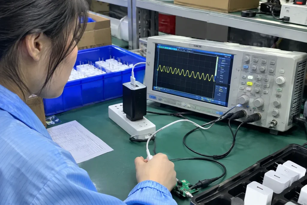 Prueba de ripple del cargador USB-C: Lo que debe mostrar el osciloscopio — fotografía realista del producto y del banco de pruebas — Destacado