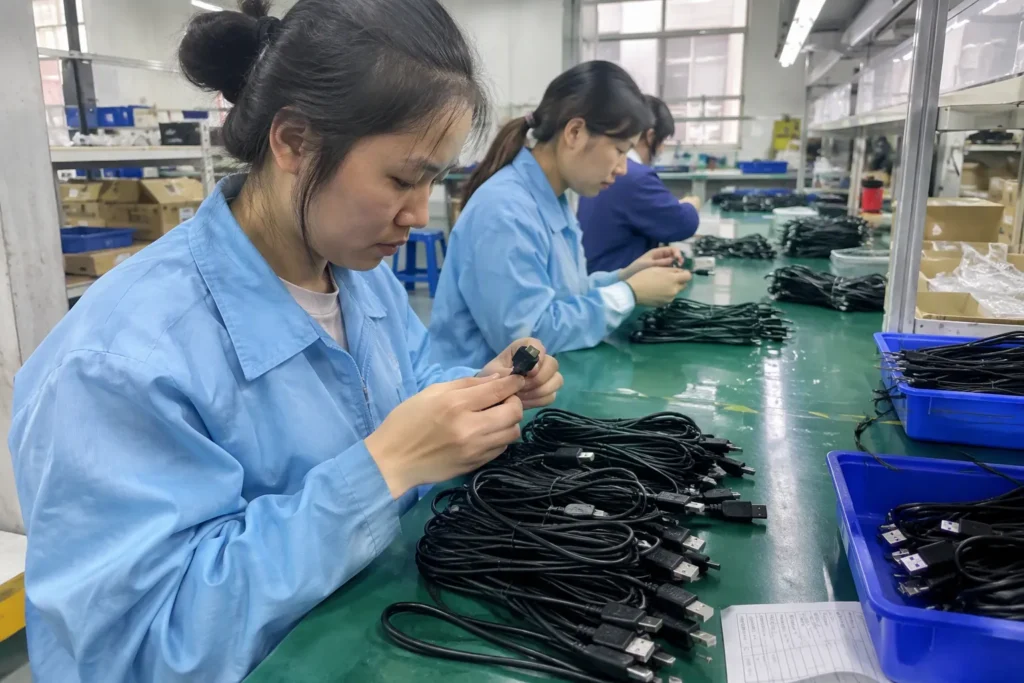 OEM USB Cable Manufacturer in China — realistic product and workbench photograph — Featured