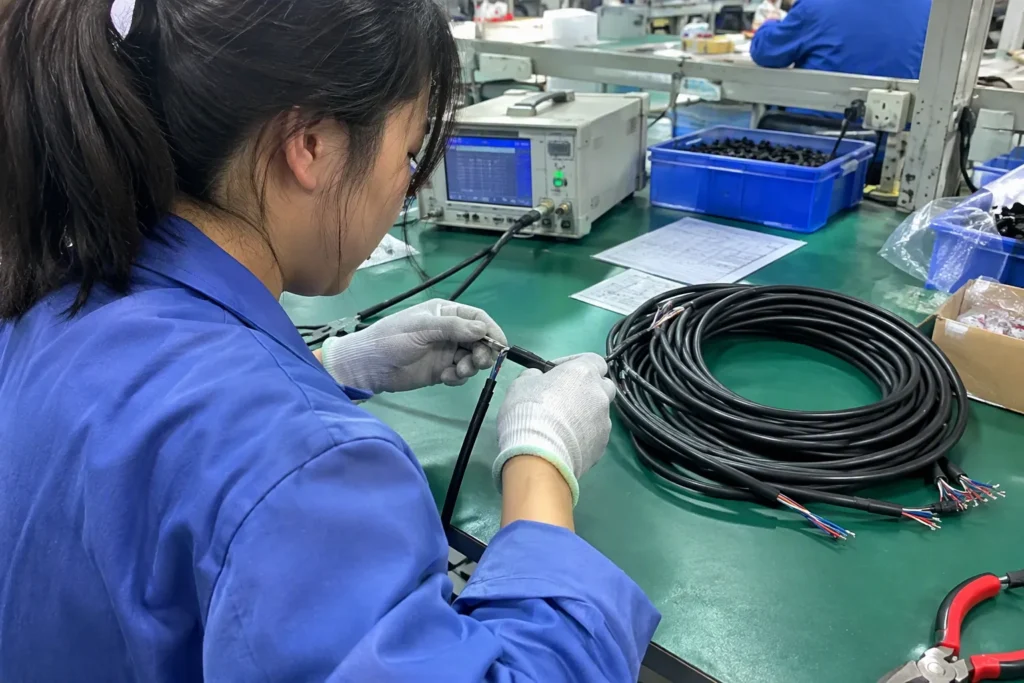 Request a FREE cable sample — realistic product and workbench photograph — Featured